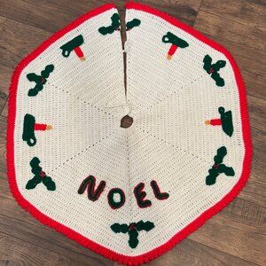 Vintage Handmade Crocheted Christmas Tree Skirt NOEL Candles Holly 36" Diameter